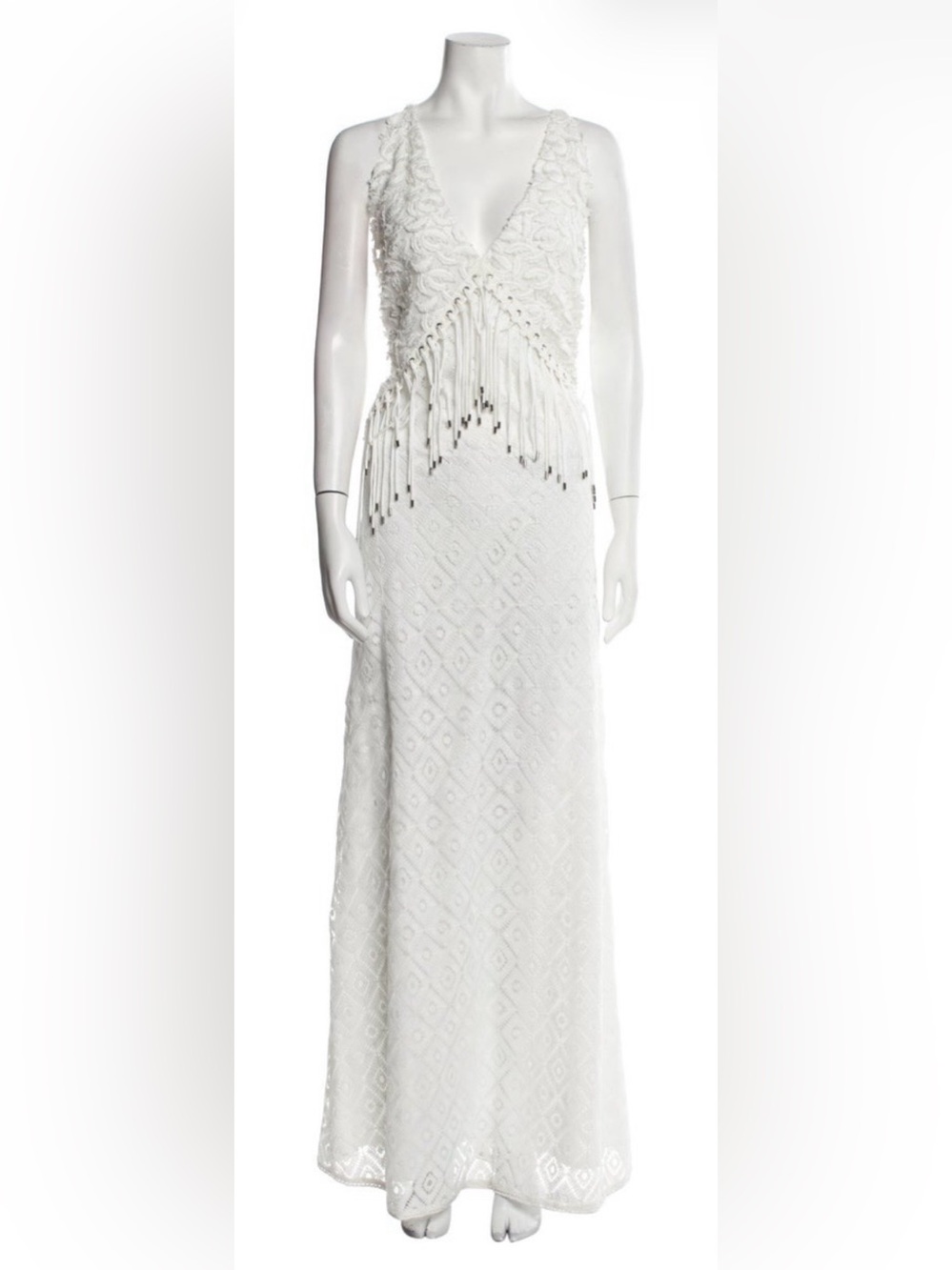 Just Cavalli Ivory White Lace Fringe Maxi Dress